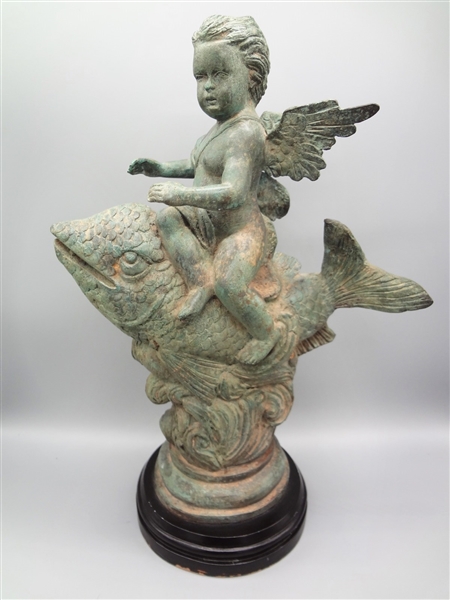 Metal Sculpture Cupid on a Sea Serpent Cast Metal