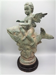 Metal Sculpture Cupid on a Sea Serpent Cast Metal