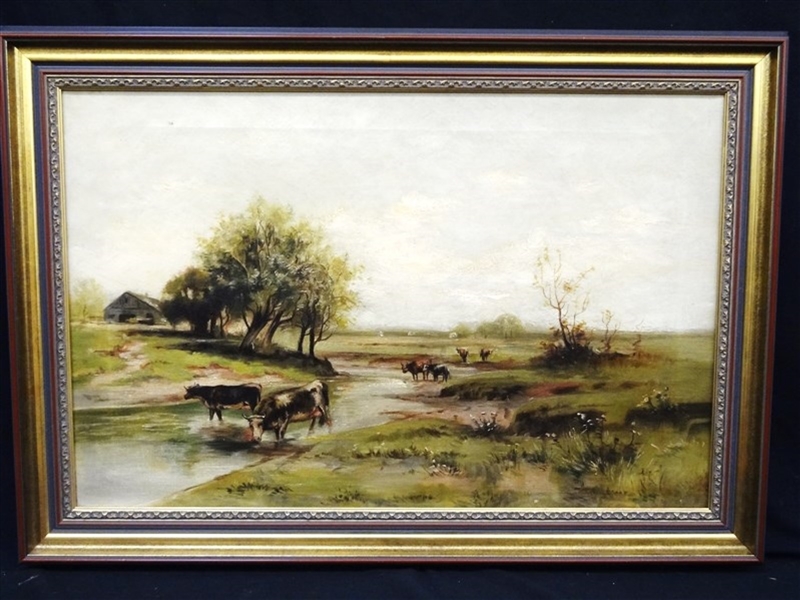 "Cows at The River" European School Oil on Canvas