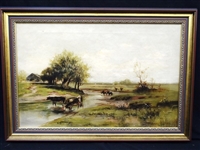 "Cows at The River" European School Oil on Canvas