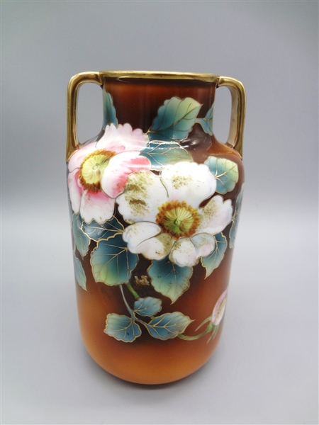 Nippon Hand Painted Floral Brown Double Handle Vase