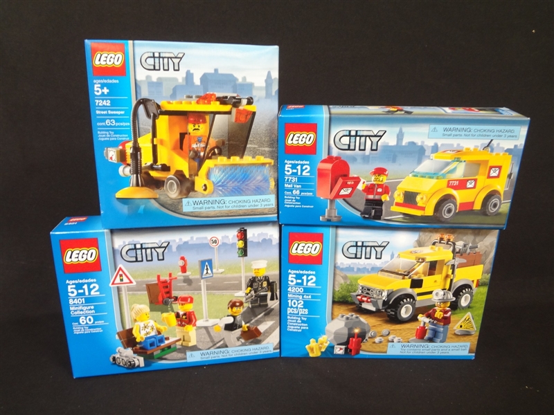 (4) LEGO Unopened Sets: 7242 Street Sweeper, 8401 Minifig Collection, 7731 Mail Van, 4200 Mining 4x4