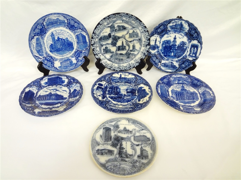 (7) Flow Blue Transfer Ware Souvenir Plates