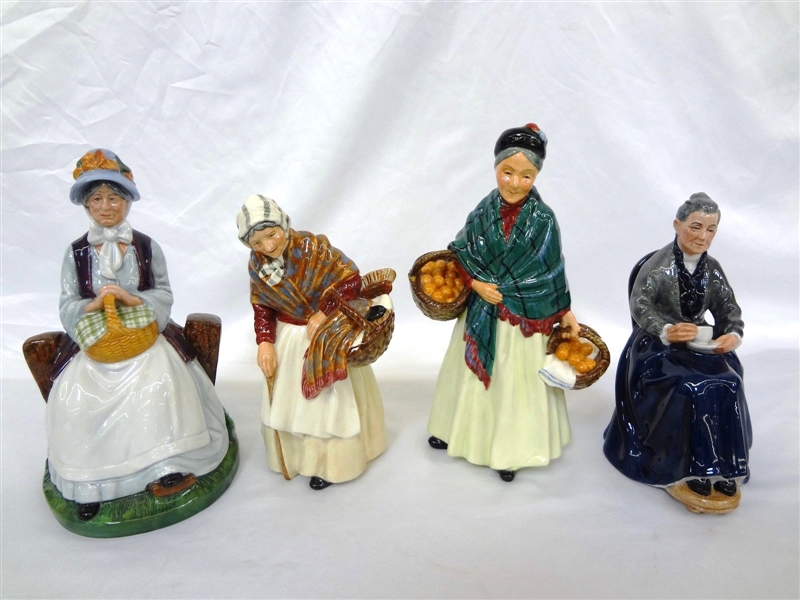 (4) Royal Doulton Figurines: Rest Awhile, Grandma, The Orange Lady, The Cup of Tea