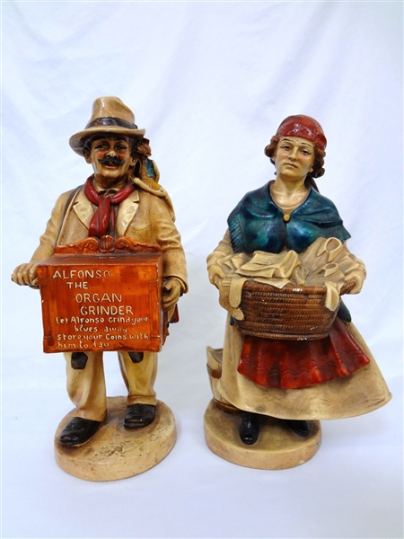 (2) Pair of Fairgrounds Chalkware Give-Aways: Alonzo The Organ Grinder, Laundry Lady