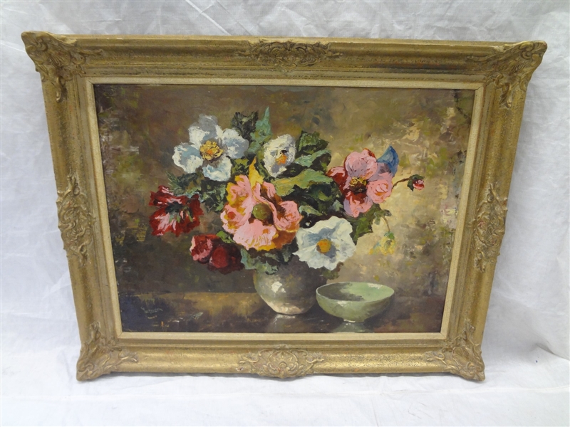 Oil on Canvas Still Life Flowers in vase and Green Bowl Signed Lower Left