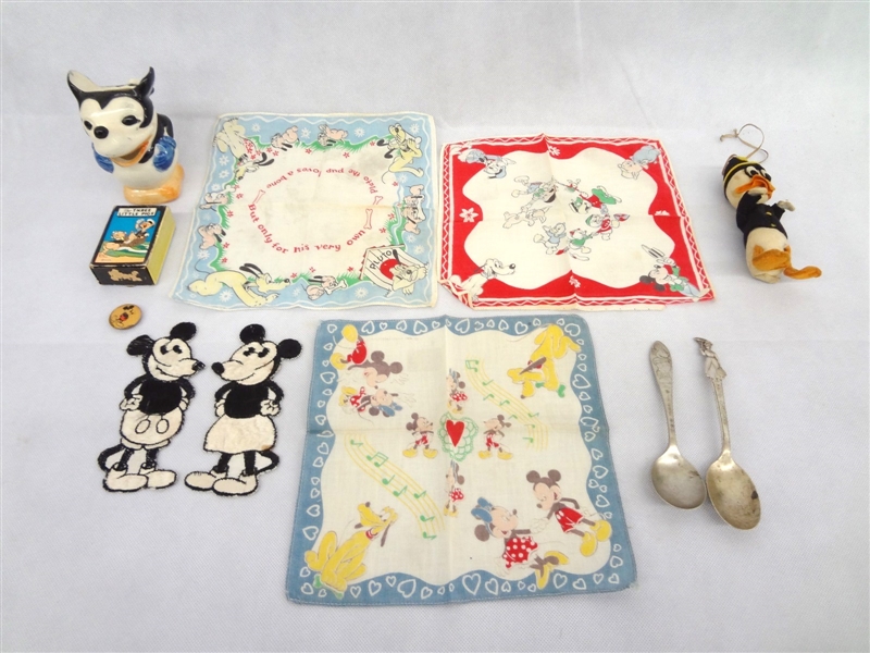 Early Walt Disney Collectibles Group: Napkins, Patches, Creamer, Pinback