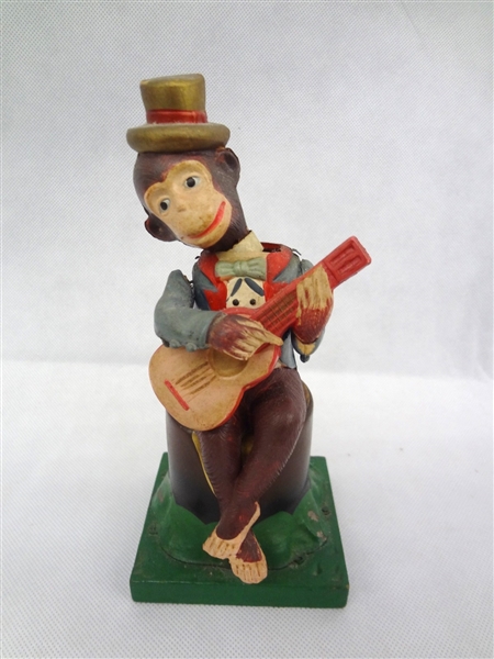 Occupied Japan Banjo Playing Celluloid Monkey on Stump Wind Up