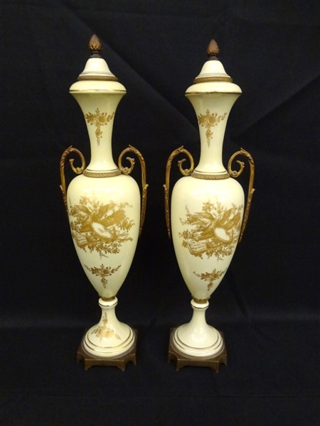 Pair French Paris Brass Ormolu Mounted Urns