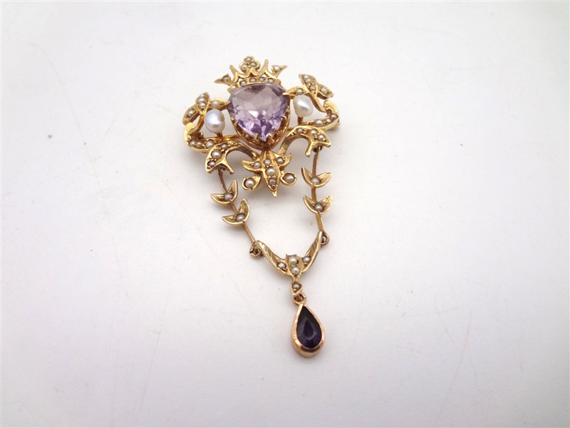 10k Gold Amethyst and Seed Pearl Victorian Dangle Brooch Pendant