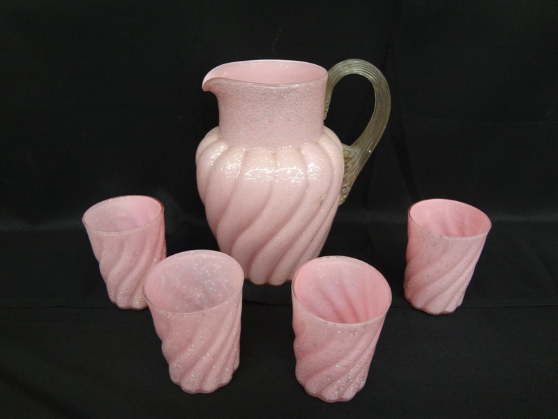 Hand Blown Pink Glass Pitcher With Four Tumblers and Gold Flake