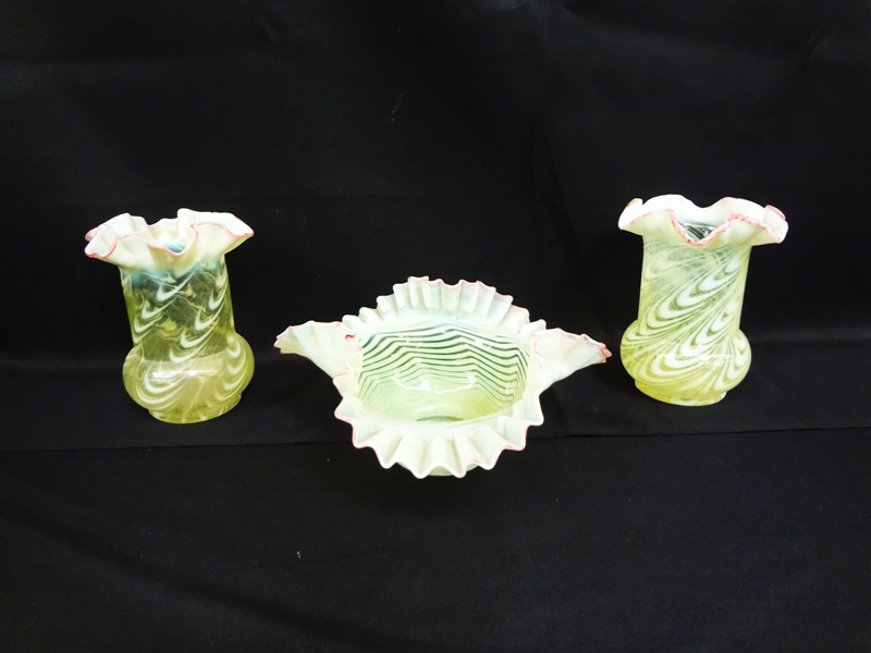 (2) Opalescent Ruffle Edge Vaseline Vases (1) Bowl