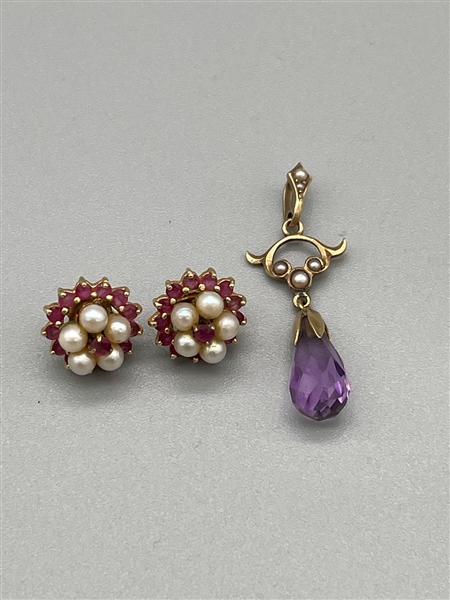 14k Gold Garnet and Seed Pearl Earrings With 14k Gold Amethyst Drop Dangle Pendant