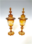 Pair 19th Century Bohemian Amber Glass Acid Etched Lidded Vases