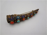 Gold Plated Silver Coral and Turquoise Flower Bud Brooch