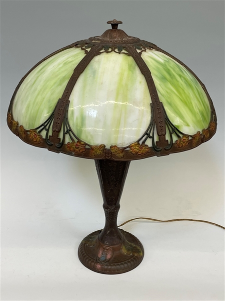 H.E. Rainaud Cold Painted Base Slag Glass Table Lamp