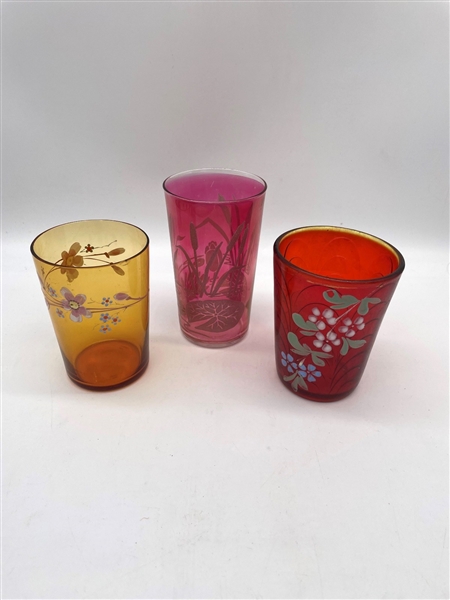 (3) Painted Enamel Glass Tumblers: Amber, Ruby, Cranberry