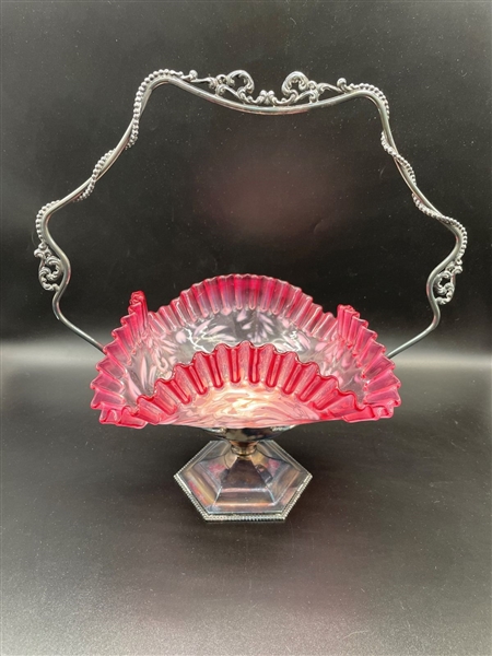 Victorian Brides Basket with Cranberry Opalescent Glass and Van Bergh Silver Plate Holder 