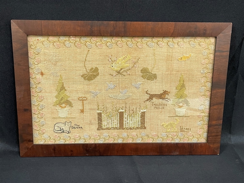 1916 Embroidered Sampler Framed of Cats and Dogs