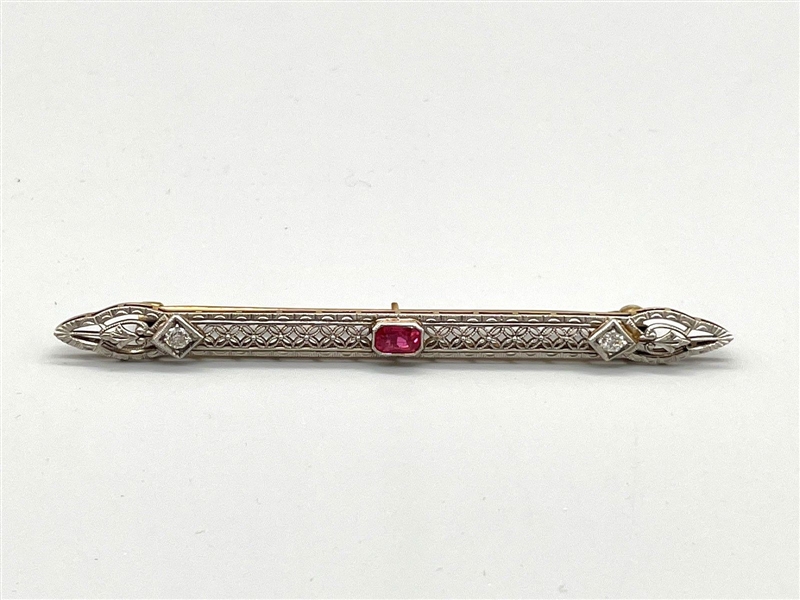 14k White and Yellow Gold Art Deco Diamond and Ruby Bar Brooch