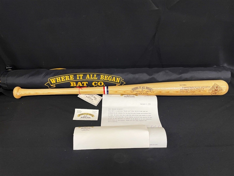 "Where it All Began" Bat Co. Baseball Bat Given to Bob Feller With Letter