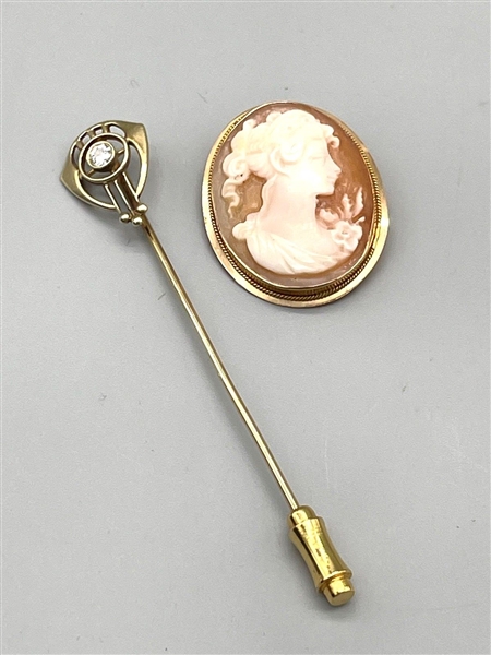 14k Gold Stick Pin and 14k Gold Cameo Brooch/Pendant