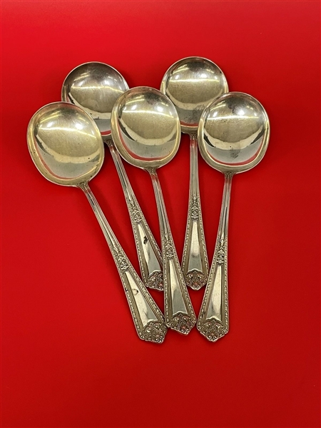 (5) Watson Sterling Silver Navarre 1908 Bouillon Spoons