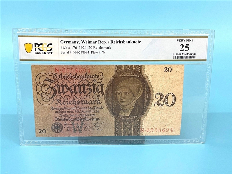 1924 Germany Republic 20 Reichsmark Banknote PCGS VF25