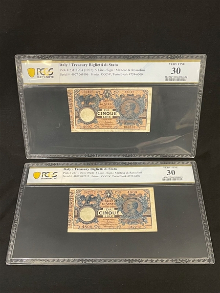 (2) 1904 (1922) Italy Treasury Biglietti di Stato Pick #23f 5 Lire PCGS VF30