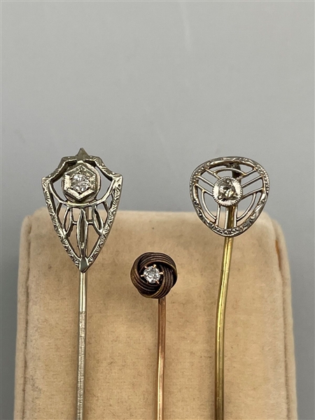 (3) 14k Gold Stick Pins With Diamond Chips