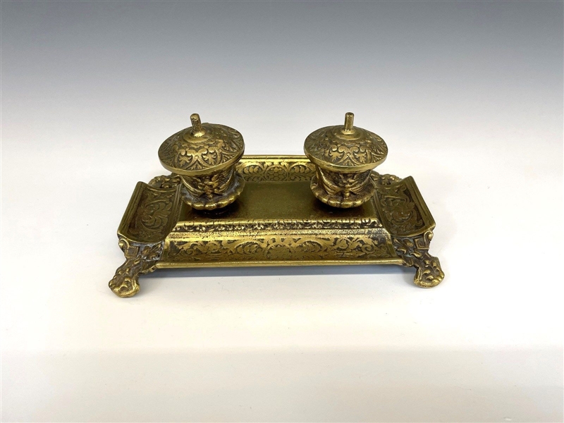 Brass Double Inkwell With Porcelain Bowls