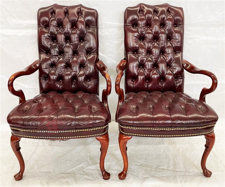 Pair of Tufted Leather Executive Gooseneck Chairs