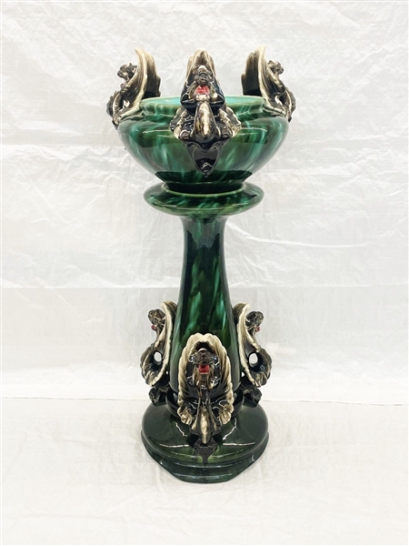 Outstanding Jardiniere With Dragon Handle Detail Mottled Green 