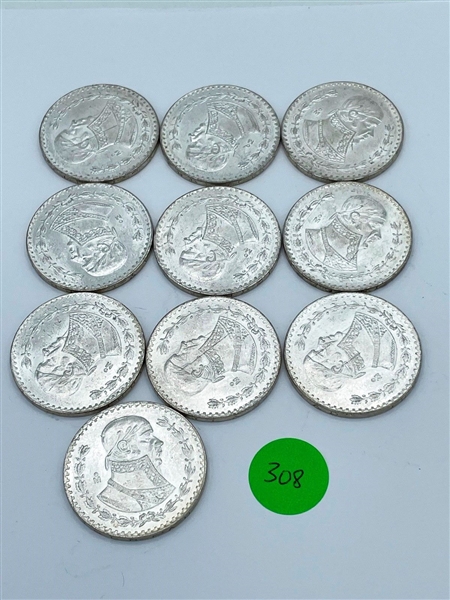 (10) 1967 Mexico Un Peso .100 Silver Uncirculated Condition (#308)