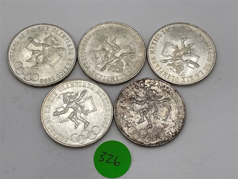 (5) 1968 Mexico $25 Pesos Olympic .720 Silver Coins (#326)