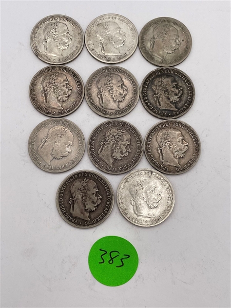 (11) Austria 1 Corona Silver Coins .835 Silver (#383)