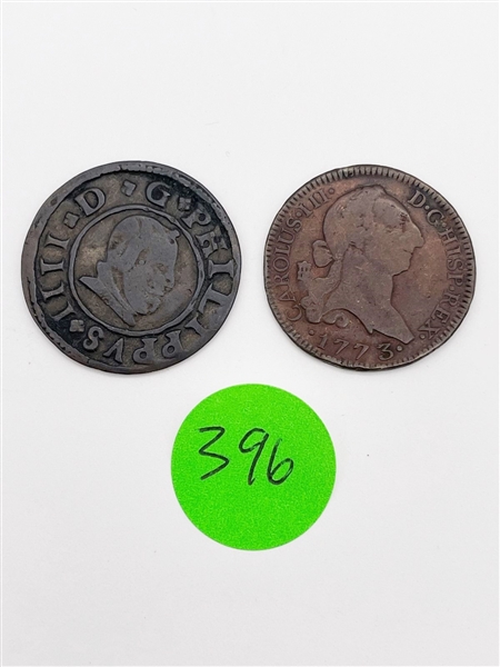 1663 Spain 16 Maravedis, 1773 Spain 4 Maravedis Copper Coins (#396)