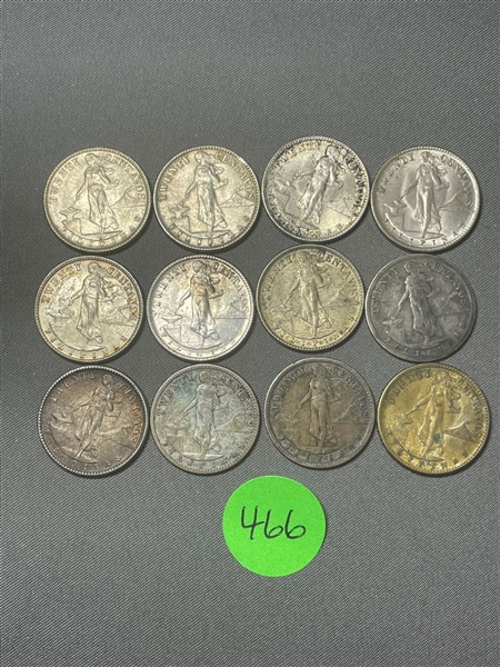 (9) Philippines 20 Centavos .750 Silver Coins (#466)