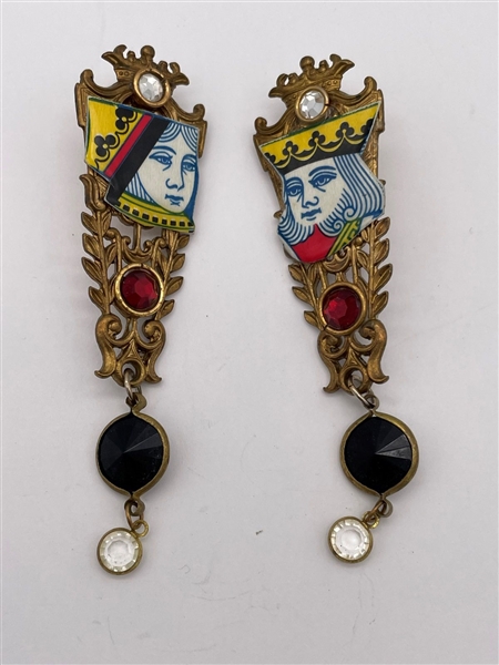 Vintage Pair of King and Queen of Hearts Costume Earrings