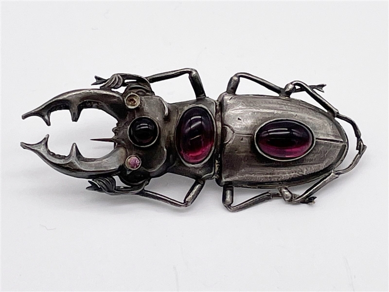 Sterling Silver Stag Beetle With Amethyst Cabochons