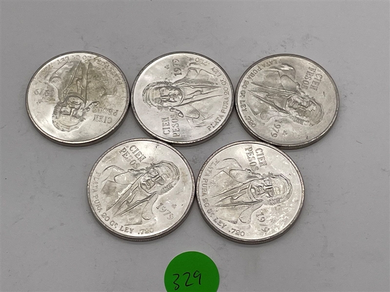 (5) 1979 Mexico 100 Pesos .720 Silver Coins Uncirculated (#329)