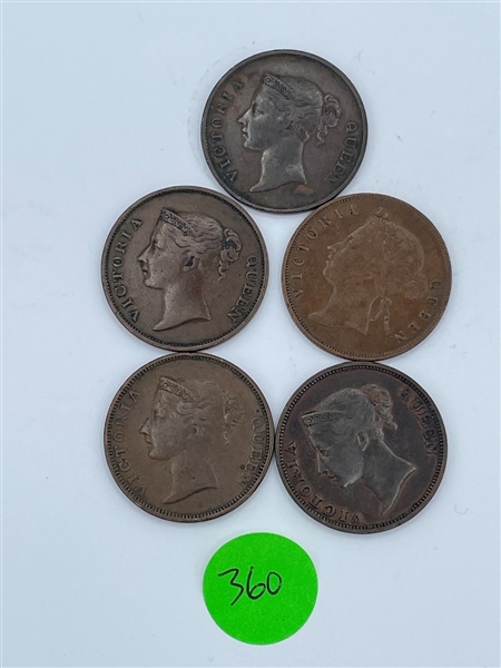 (5) Straits Settlement East India 1 Cent Coins (#360)