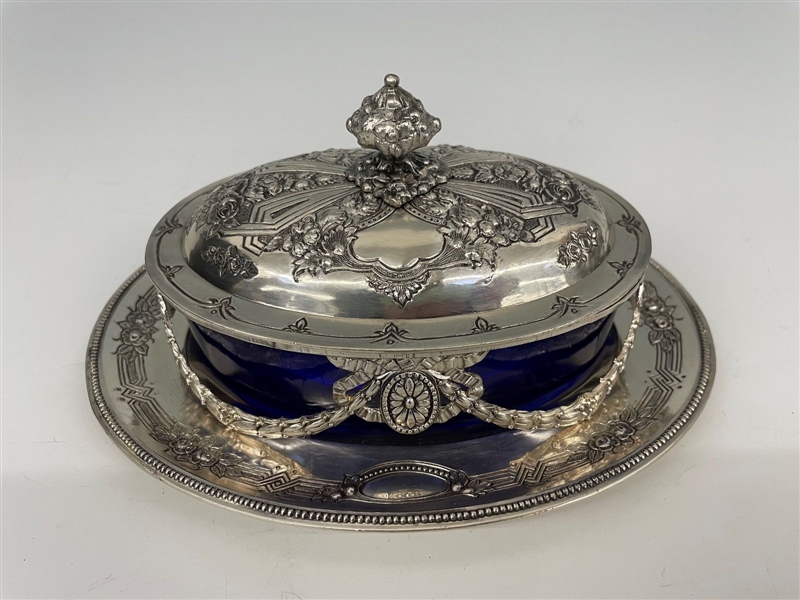 Victorian Silver Plate Butter Dish With Cobalt Blue Insert