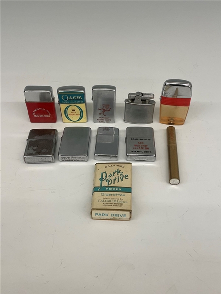 (10) Lighters (1) Pack of Antique Cigarettes