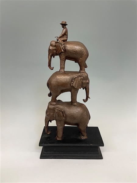 Bronze Sculpture Man With Three Elephants