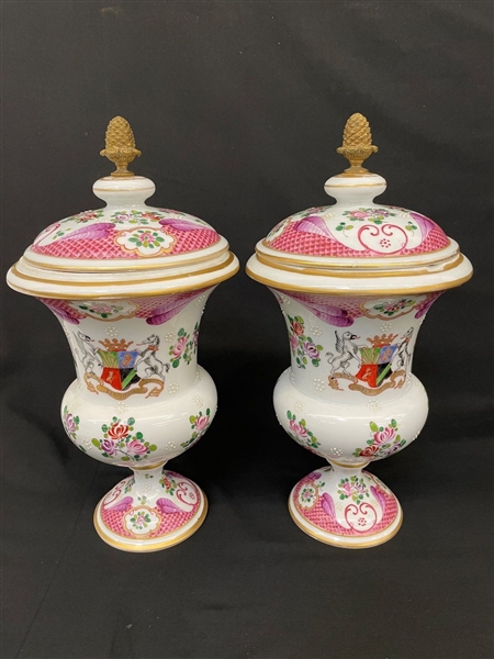 Pair of French Armorial Lidded Urns With Coat of Arms English Crest 