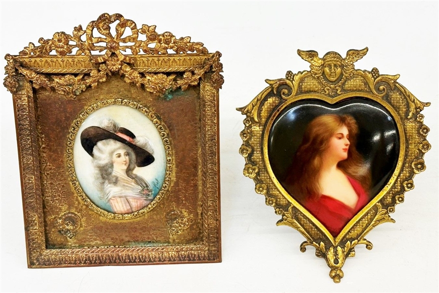Pair of Hand Painted Miniature in Victorian Brass Frames
