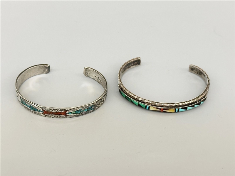 (2) Sterling Silver Turquoise Cuff Bracelets: L. Bowannie Shewe Zuni
