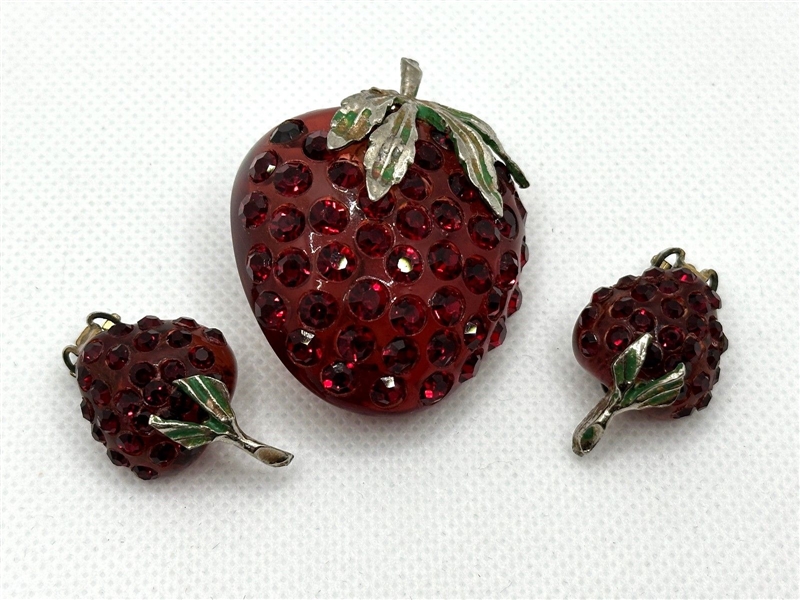 1950s Lucite & Rhinestone Red Strawberry Brooch and Earring Set