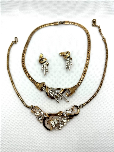 (2) Crown Trifari Necklaces Earrings Gold Tone Pat. Pend.